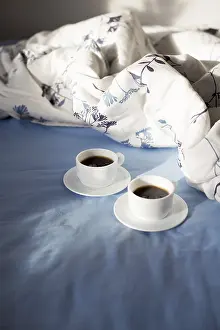Deserted Breakfast Table Drucke: Two cups of coffee in bed, sunlight