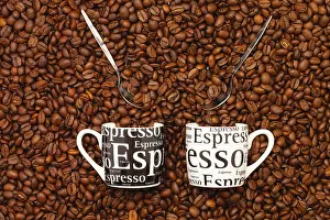 Coffee Bean Photography Drucke: Two Cups of coffee on a table full of coffee beans