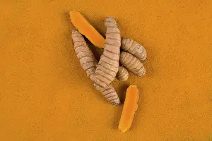 Medicinal Plant Pictures Drucke: Curcumin root and turmeric spice background from above