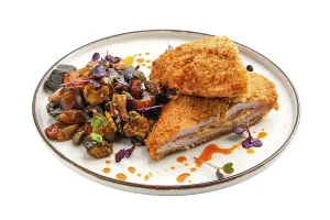 Breaded Pork Cutlet Drucke: Cutlet with stuffing in breading with fried eggplant