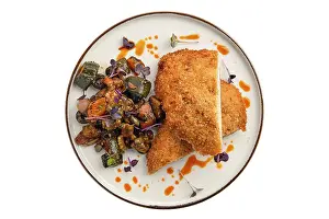 White Background Food Image Drucke: Cutlet with stuffing in breading with fried eggplant