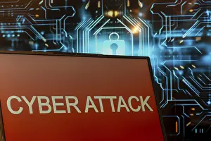 Data Protection Concept Drucke: Cyber attack symbol: Laptop in front of a virtual computer background