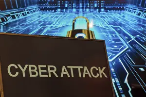 Computer Virus Protection Drucke: Cyber attack symbol: Laptop in front of a virtual computer background