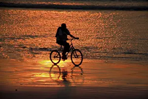Evening Light On The Shore Drucke: Cyclist at sunset on the beach