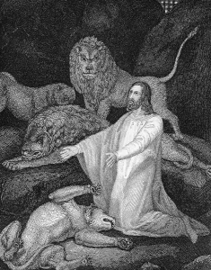 Old Testament Bible Illustration Drucke: Daniel in the lions den, king