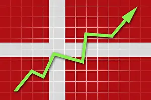 European National Flags Drucke: The Danish flag and arrow graph going up