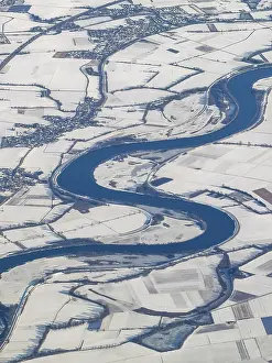 Central Europe Winter Landscape Drucke: Danube loop, fields and villages with snow in winter