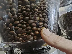Hot Beverage Images Drucke: Dark roasted coffee beans as source for the beverage coffee