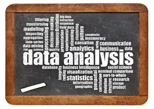 Scientific Research Tools Drucke: Data analysis word cloud on a slate blackboard