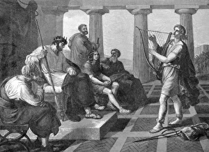 Historical Bible Illustration Drucke: David's string playing in front of Saul