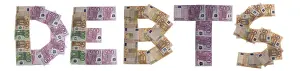 Save Money Tips Drucke: Debts, written with bank notes