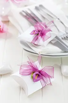 Elegant Meal Service Drucke: Decorated table in white with small present for the guests