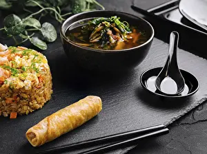 Nutrition Meal Ideas Drucke: Delectable meal of fried rice, spring roll