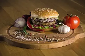 American Food Drucke: Delicious cheeseburger with fried beef chops