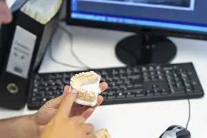 Medical Care For Adults Drucke: Dental clinic, dentist detail explaining to a client the teeth that must be implanted in a model
