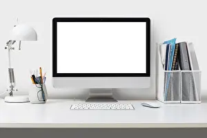 Office Work Setup Drucke: Desktop computer isolated on a white background