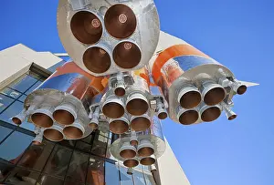 Blue Sky Background Drucke: Details of space rocket engine over blue sky background