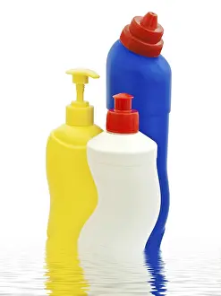 Plain Colored Background Photo Drucke: Detergent Bottles Over White Background