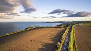 British Countryside Drone Shot Drucke: Devon Fields and Farmlands at sunset time from a drone over Labrador Bay