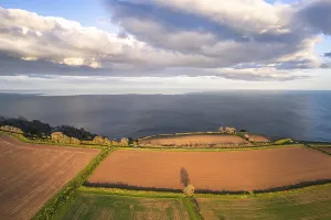 Aerial View Of Devon Fields Drucke: Devon Fields and Farmlands at sunset time from a drone over Labrador Bay