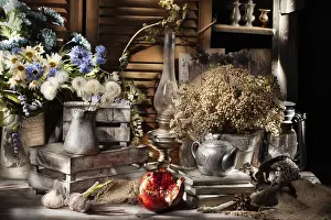 Vintage Styled Studio Photography Drucke: Different accessories in retro style on a studio background