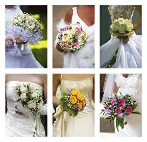 Floral Wedding Decorations Drucke: Six different bouquets in hands of brides