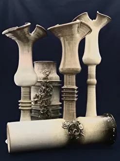 Ceramic Decoration Ideas Drucke: Different ceramic vases over dark blue background