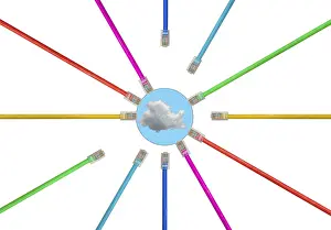 Data Transmission Technology Drucke: Different colored cat5e ethernet cables to illustrate the connection and speed of data on the internet