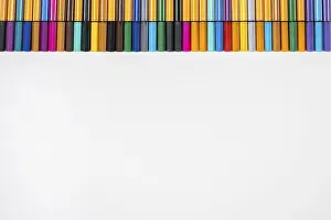 Empty Desk With Writing Supplies Drucke: Different coloured fineliners above