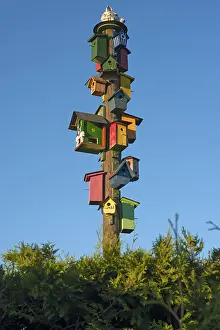German Breeding Ground Drucke: Many different coloured nesting boxes on a stake