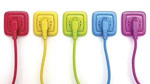 Electric Power Supply Line Drucke: Different coloured sockets or power points with plugs