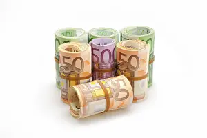 European Paper Money Drucke: Different Euro banknotes in rolls