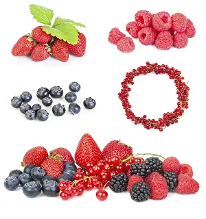 Studio Shot Desserts Drucke: Different fresh berries on a white background