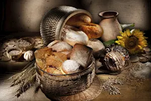 Bread Photography Drucke: Different kinds of bread and pastry on canvas background