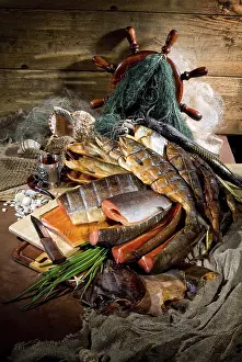 Wildlife Food Photography Drucke: Different kinds of fish and accessories on a studio background