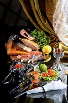 Studio Environment Food Photography Drucke: Different kinds of fish and accessories on a studio background