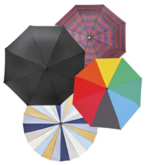 Plain Coloured Background Images Drucke: Four different open umbrellas against a white background