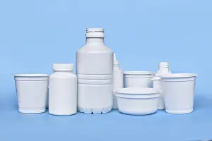 Plastic Waste Disposal Drucke: Different plastic waste packages on blue background