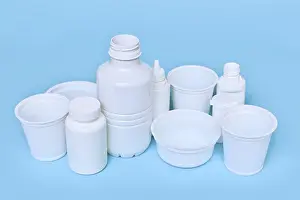 Plastic Waste Disposal Drucke: Different plastic waste packages on blue background