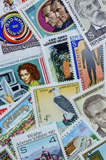 Stamp Collection Drucke: Many different stamps lying next to each other