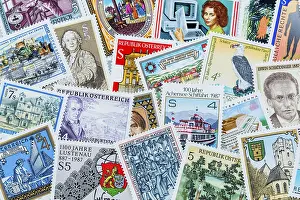 Austria Studio Photography Drucke: Many different stamps lying next to each other