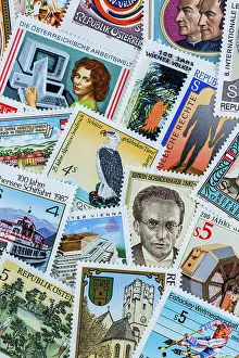Stationery Items Drucke: Many different stamps lying next to each other