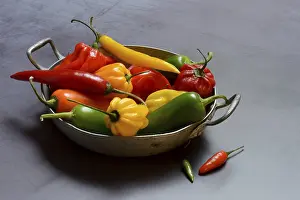 Vegetable Diversity Drucke: Different types of peppers in shell, Germany