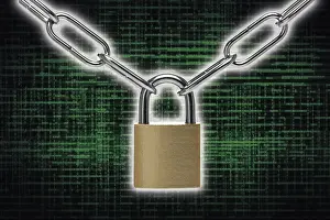 Secure Data Protection Drucke: Digital binary code, lock and chain Coloured background with structures and copy space for the design