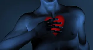 Symbolic Picture Germany Drucke: Digital Composing, man grabs his heart