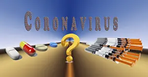 Pharmaceutical Industry Drucke: Digital Composing, pills and syringes with question mark