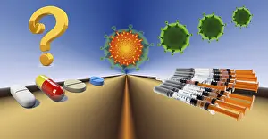 Coronavirus Vaccine Drucke: Digital Composing, pills and syringes with question mark