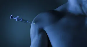 Computer Graphic Image Drucke: Digital Composing, syringe in the upper arm of a man