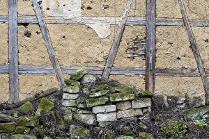 Deserted Hut In Germany Drucke: Dilapidated wall and old half-timbered wall