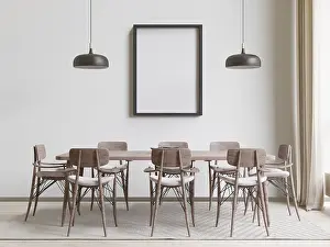 Kitchen Interior Design Drucke: Dining room and kitchen copy space on white background